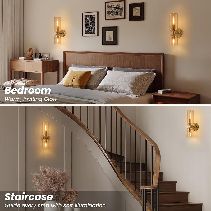 Mid Century Bathroom Wall Sconce: Set of 2 Modern Brass Gold Amber Lights | Minimalist Glass Indoor Dimmable Lighting Fixture with Bulb, Double Brushed Vanity Sconces for Bedroom Living Room Hallway