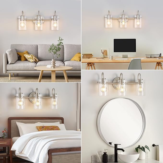 3 Lights Vanity Light Fixture, Brushed Nickel Bathroom Wall Sconces, Modern Wall Light with Clear Glass Shade, Farmhouse Wall Mount Porch Wall Lamp for Mirror, Kitchen, Living Room, Workshop