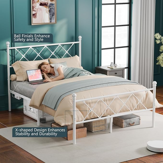 VINGLI Full Bed Frame with LED Lights & Charging Station, Metal Platform Bed Frame with Headboard, USB Ports, Under Bed Storage, Noise Free, No Box Spring Needed, Easy Assembly, White