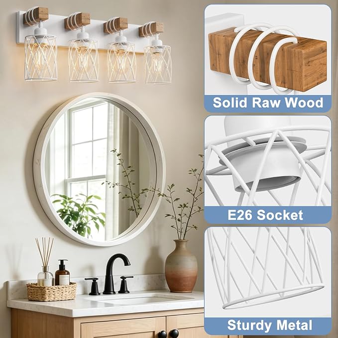 IZORRO Farmhouse Bathroom Vanity Light, 4-Light Wood Bathroom Light Fixtures Over Mirror, Matte White Industrial Vanity Lights with Metal Shade, Rustic Restroom Lighting Fixtures