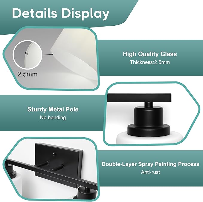 Ascher Bathroom Light Fixtures, 2-Light Vanity Light Over Mirror, Matte Black Wall Sconces with Milky White Frosted Glass Shades, Wall Lamp for Living Room Bedroom, E26 Base(Bulbs Not Included)