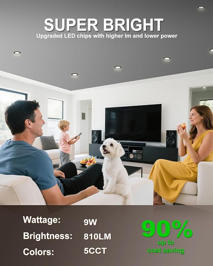 zouzai 12 Pack 4 Inch Black 5CCT Reset Ultra-Thin LED Recessed Ceiling Light with Junction Box, 2700K/3000K/3500K/4000K/5000K Selectable, 9W Dimmable, led can Lights - ETL and Energy Star Certified