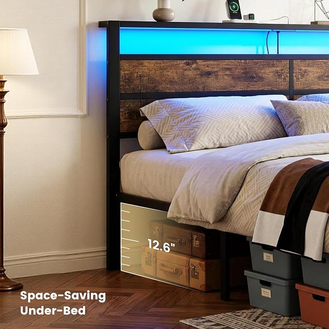 Full Size Metal Bed Frame with Storage Headboard, LED Lights | USB Charging Station , Brown Metal Platform Bed, Sturdy Slats, No Box Spring Needed, Easy Assembly, Noise Free