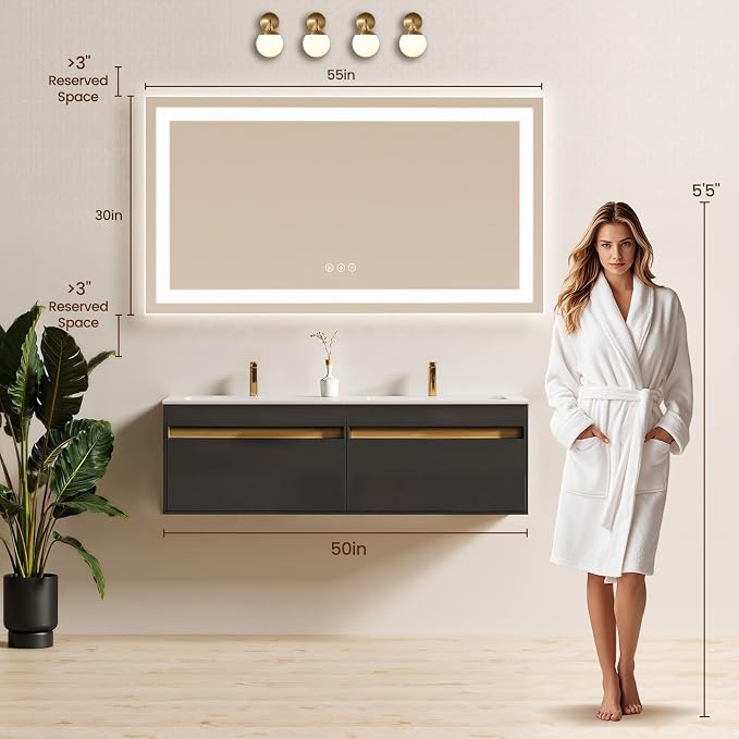 55x30 LED Bathroom Mirror with Anti-Fog, Backlit & Front Lit, Memory | Stepless Dimmable 3 Color CRI 95+ Shatterproof Tempered Glass ETL Listed for Safety Lighted Bathroom Vanity Mirror for Wall