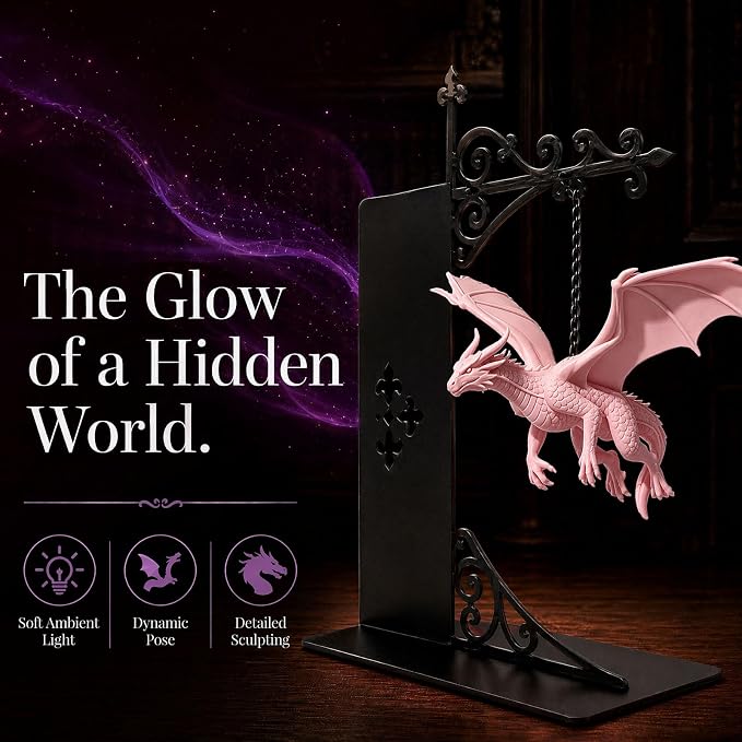 Magical Floating Dragon Bookshelf Lamp, Warm LED Dragon Night Light, Fantasy Reading Nook Decor, Unique Gift for Fantasy Lovers and Book Readers (Pink)