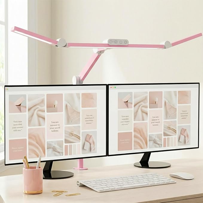 Architect Desk Lamp for Home Office, Pink Desk Lamp with Clamp for Working, 24W Bright Rotatable Led Table Light Stepless Dimming Tempering Wide Computer Light for Crafting Puzzle Hobby