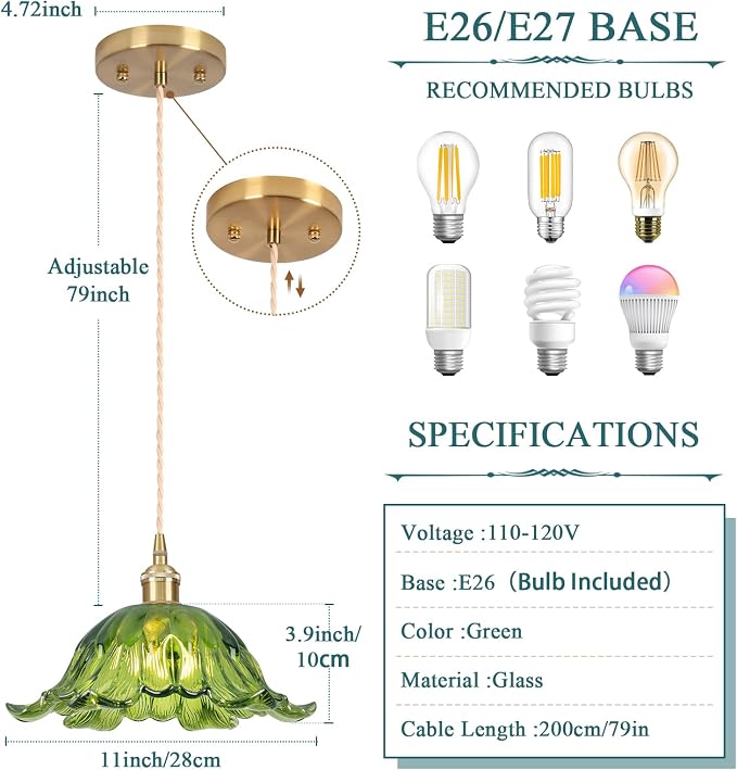 Vintage Pendant Light,Green Glass Light Fixtures,11 inch E26 Flower Pendant Lights Adjustable Hanging Light for Bedroom Hotel Dining Room 1 Pack