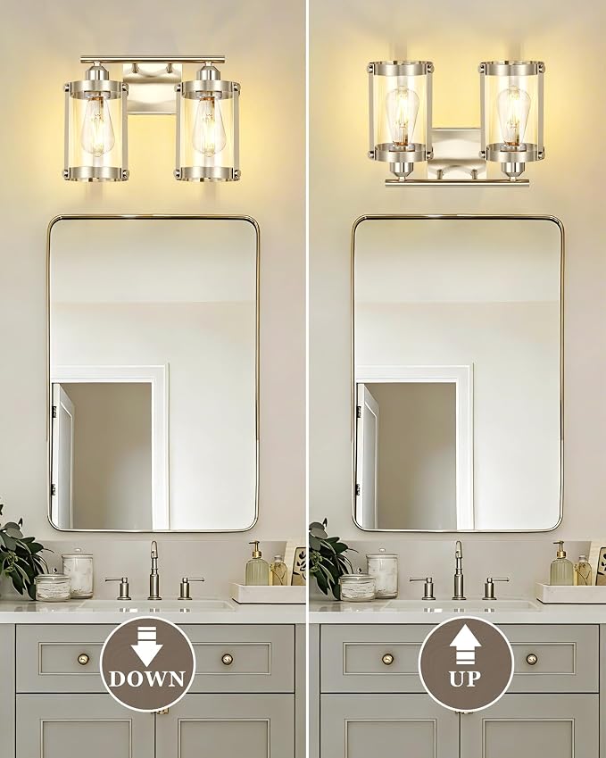2-Light Brushed Nickel Bathroom Light Fixtures, 13.8 Inch Modern Bathroom Vanity Lighting Fixtures Over Mirror with Clear Glass and Metal Cage Wall Sconce Lights for Bath, E26, OS-3014BN-2W