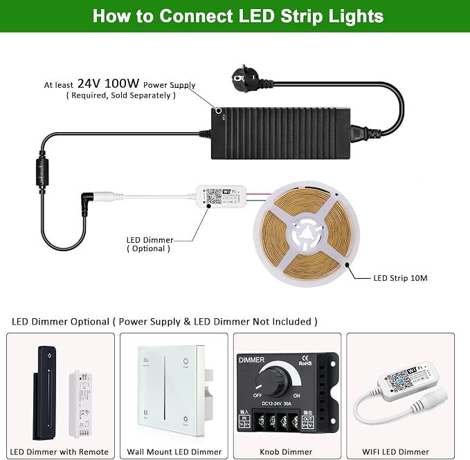 JOYLIT COB LED Strip 24V 32.8FT 4000K Dimmable for Cabinets, Closets | CRI 90+, 120° Narrow Beam, 384 LEDs/m Natural White, Dot-less No Dark Spot, Cuttable , Easy Peel & Stick ( Strip Only )