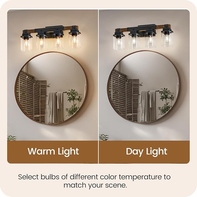 4-Light Bathroom Light Fixtures, Farmhouse Vanity Lights for Bathroom with Glass Square Shade, Rustic Vanity Lights, Sconce Wall Light, E26 Base (Bulbs Not Included), ETL Listed FS09BD05