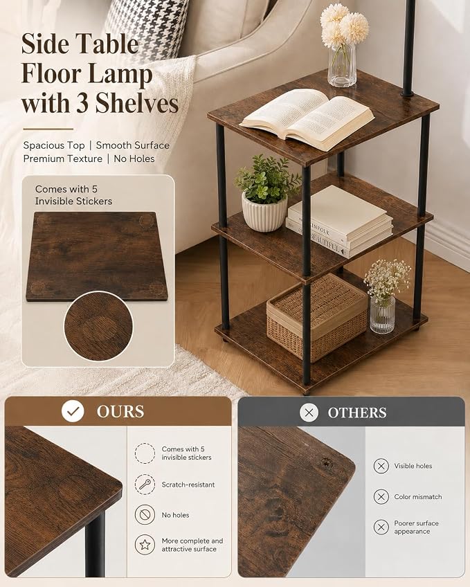 GERGO Floor Lamp with Table, Side Table for Living Room, 3 CCT 9W LED Bulb | Adjustable Linen Shade & Pull Chain, Modern Coffee End Table, Night Stand with Storage Shelves for Bedroom, Office Home Décor