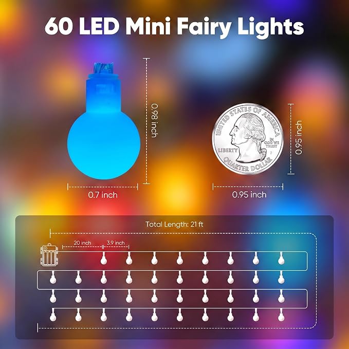 Minetom RGB Globe String Lights - 21FT 60LED Battery Operated with Remote, 20+ Color Modes & Timer, Fairy Lights for Bedroom, Living Room, Classroom, Dorm & Birthday Parties