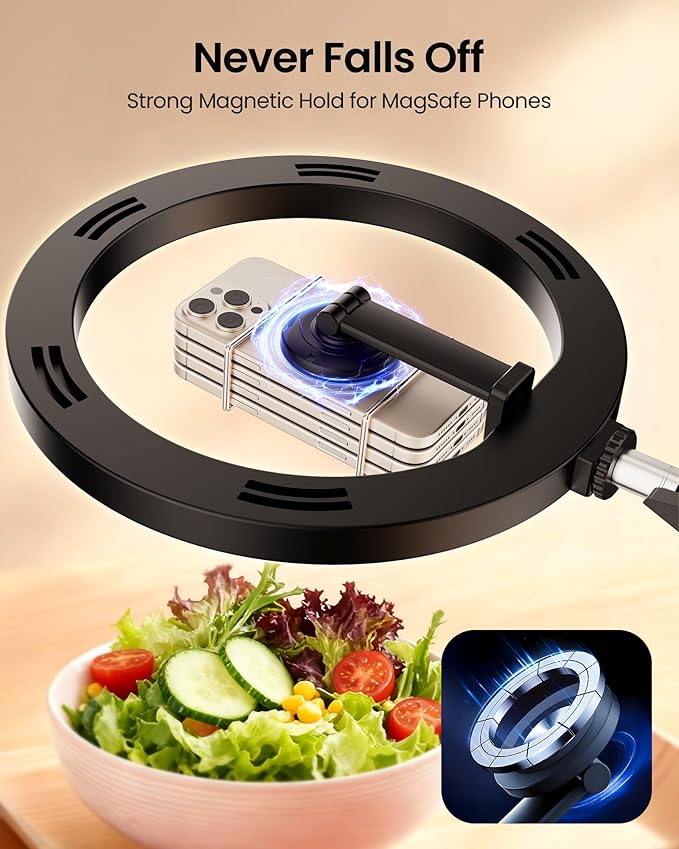 Ring Light with Stand with Magnetic Phone Holder,Overhead Phone Mount for Desk,10" LED Tripod for iPhone with Ring Light and Remote,Phones Stand for Video Recording,Live Streaming,Cooking Video