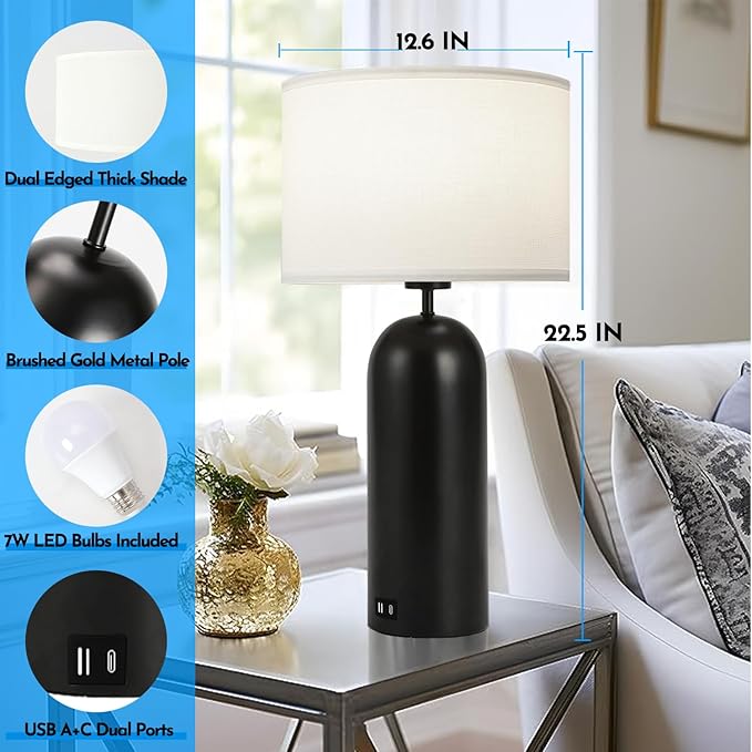22-inch Tall Table Lamps - Set of 2 Black & White Touch Control 3-Way Dimmable Lamps with USB A+C Ports for Bedroom or Living Room