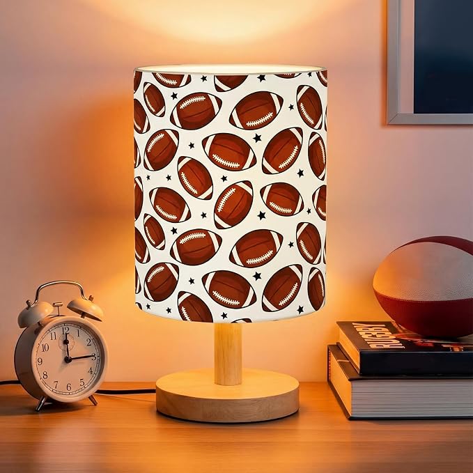 Football Kids Table Lamp for Bedroom Kids Bedside Lamp with Linen Wooden Nightstand Cartoon Nursery Lampshade for Girls Boys Living Room