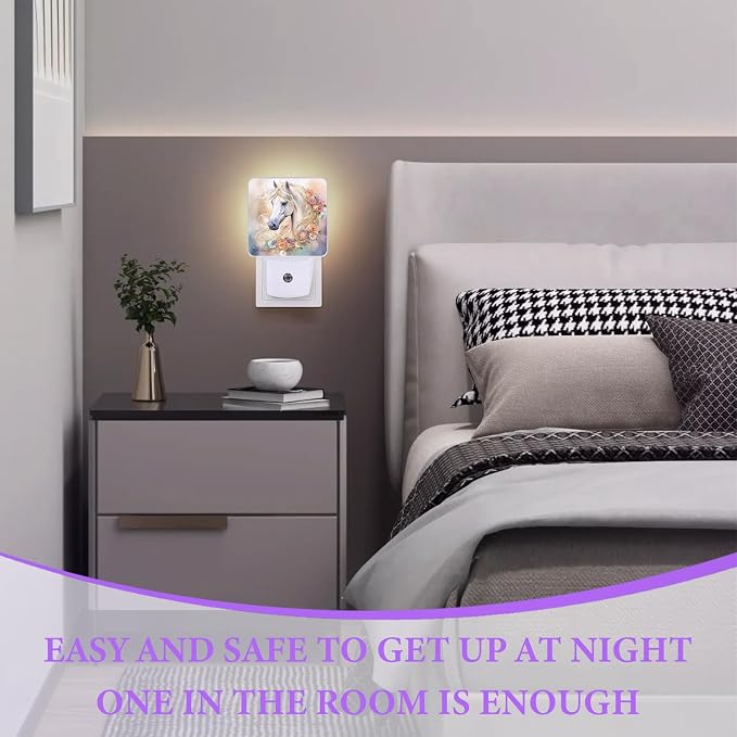 White Horse Night Light,Floral Night Lights Plug into Wall,Led Lamp for Stairway/Hallway/Bedroom 0.5W Nightlight Sleep Friendly