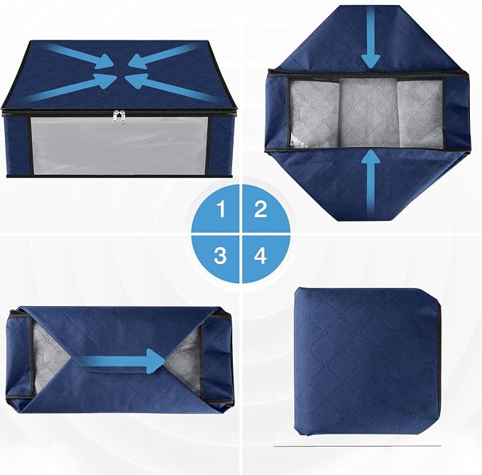 HomeHacks 3-Pack Clothes Organizer Storage Bags, 35L Storage Bins, Blue | Foldable Storage Box Container with Zippers, Clear Window, Reinforced Handles for Closet, Dorm, Pillows, Bedding, Sweater