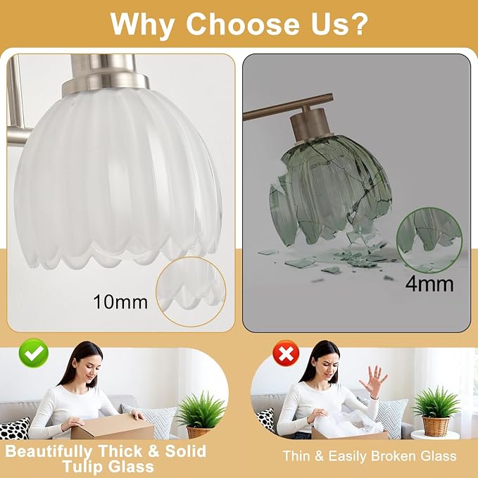 Bathroom Light Fixtures(3-Light, 20 Inch), Brushed Nickel Vanity Lights for Bathroom with Ribbed White Tulip Glass Shade, Vintage Vanity Wall Lights for Mirror Bedroom Living Room Hallway
