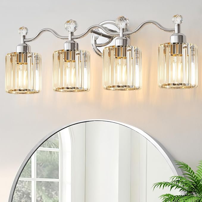 Bathroom Light fixtures,Chrome Vanity Lights for Bath,4-Lights Bathroom Vanity Lights Fixture with Clear Crystal Glass Shade, Modern Wall Light Over Mirror, Wall Sconces Light for Hallway