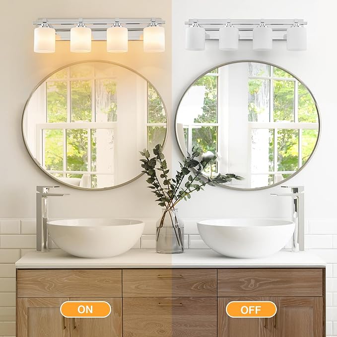 Modern Bathroom Light Fixtures Over Mirror, Vanity Lights for Bathroom Wall Sconces with Milky White Glass Shades, E26 Socket (Bulbs Not Included), 4 Light, Chrome
