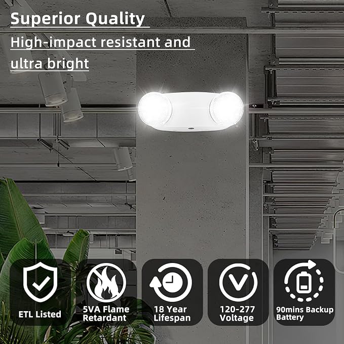 RMC LED Emergency Lights with Battery Backup, Two Head Adjustable Commercial Emergency Lighting, AC120-277V, Hardwired Emergency Exit Light Fixtures for Home and Business, ETL Listed, 8 Pack