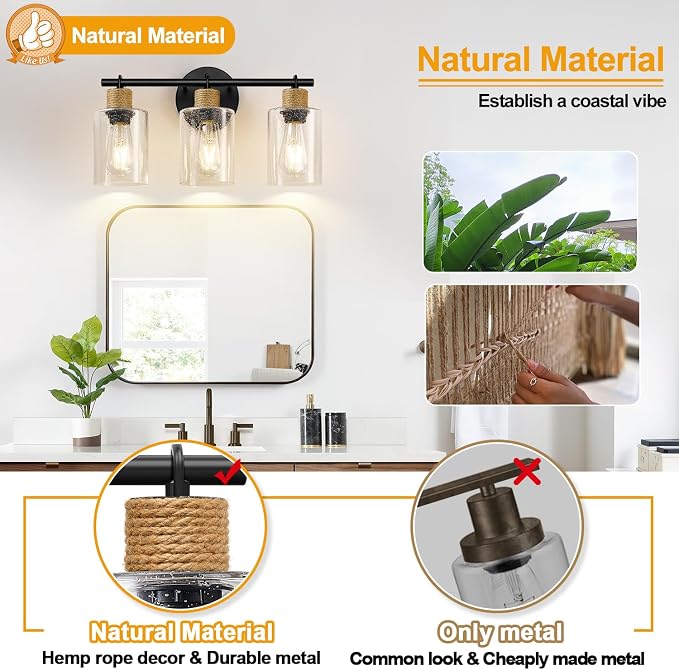 MOKATNG Bathroom Light Fixtures, 3-Light Coastal Vanity Lights with Seeded Glass, Black Bathroom Wall Lamp for Mirror Kitchen Cabinet Hallway