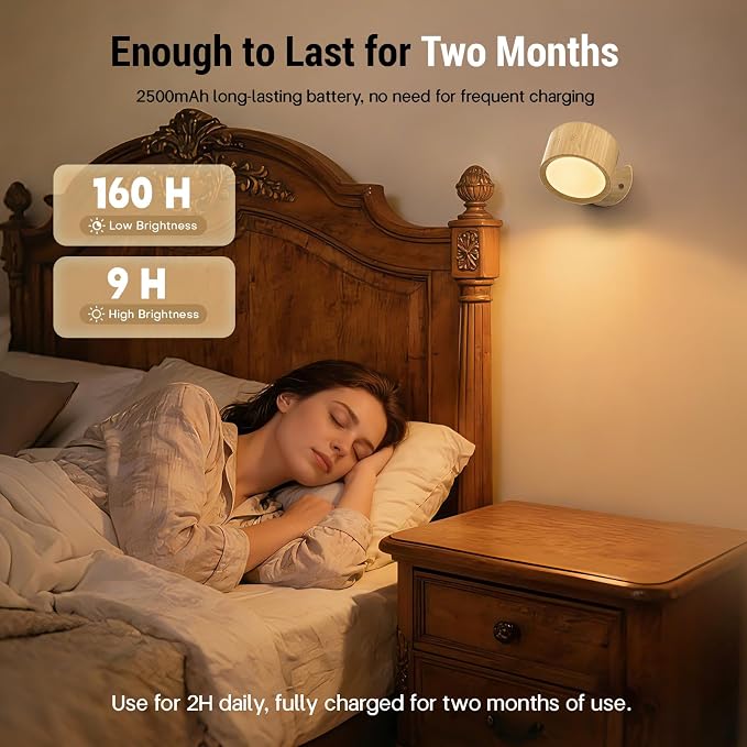 LED Wall Sconces, 160H Battery Life, Rechargeable Cordless Mounted Lights, 3 Color & 4 Brightness Level & 360°Rotate Magnetic Ball & Touch or Remote, for Reading Bedroom (Wood)