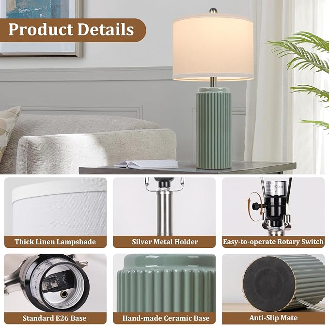 23.5" Green Ceramic Table Lamps Set of 2, Modern Nightstand Lamps | Bedside Table Lamps with White Linen Shade, Ideal Size, Farmhouse Home Decor for Living Room Bedroom Office End Table Dorm