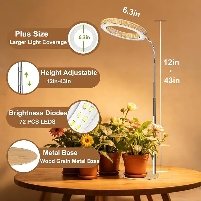 Grow Light for Indoor Plants Full Spectrum, Desk LED Plant Light with Faux Wood Grain, 12"-43" Height Adjustable, Auto On/Off Timer 3/9/12H, 3 Modes 10 Dimmable Levels for Succulents