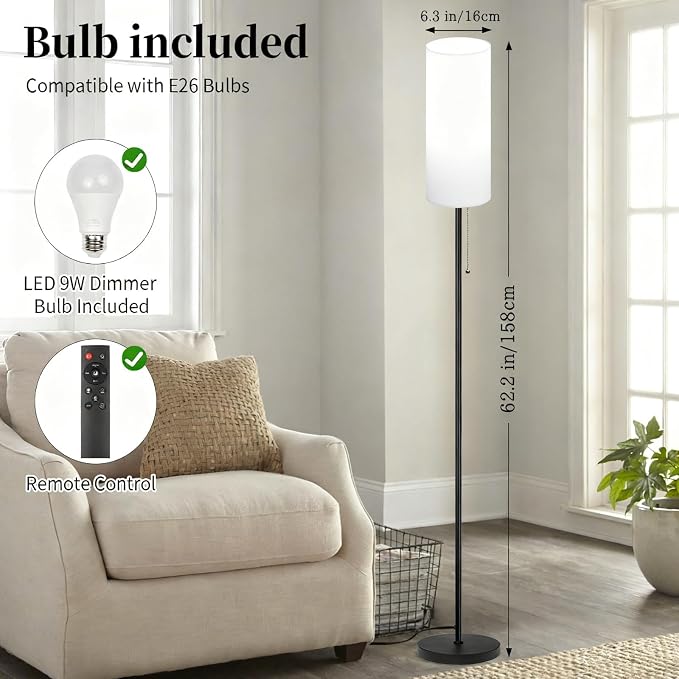 Floor Lamps for Living Room RGB Color Changing Bulbs Dimmable Color Brightness Modern Standing Lamp Remote Control Tall Lamp Chain Switch for Bedroom Office 9W LED Bulb Included, White Shade RGB Bulb