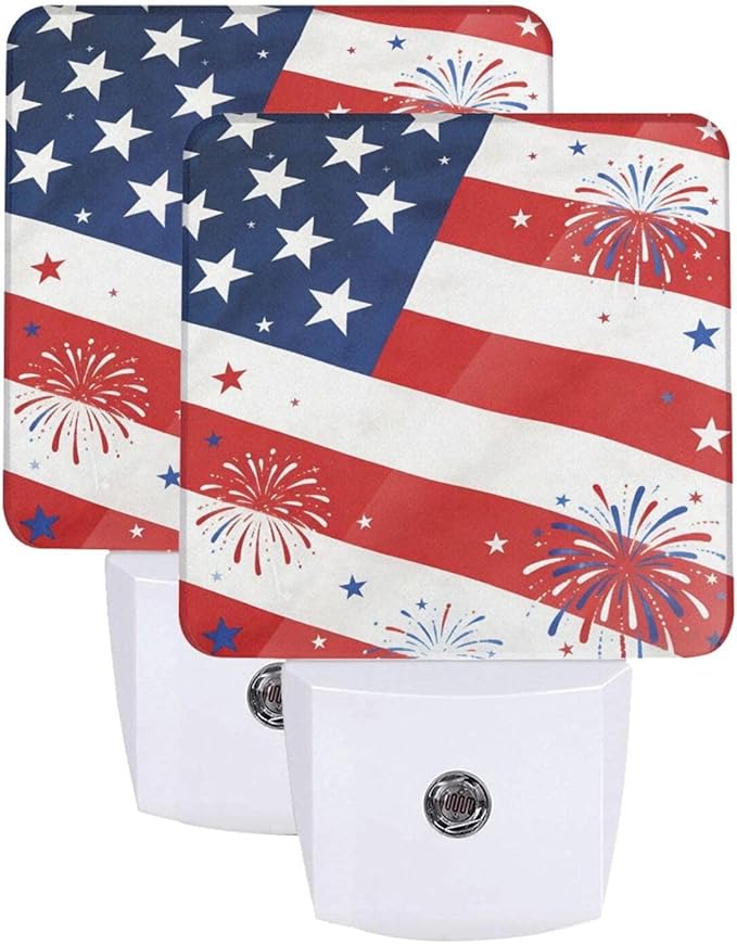 250 Years Anniversary American Flag Night Light Set of 2, Patriotic Eagle Auto Sensor LED Dusk-to-Dawn Nightlights, Plug-in Sensor Lamp for Bedroom Kitchen Hallway Stairs Decorative