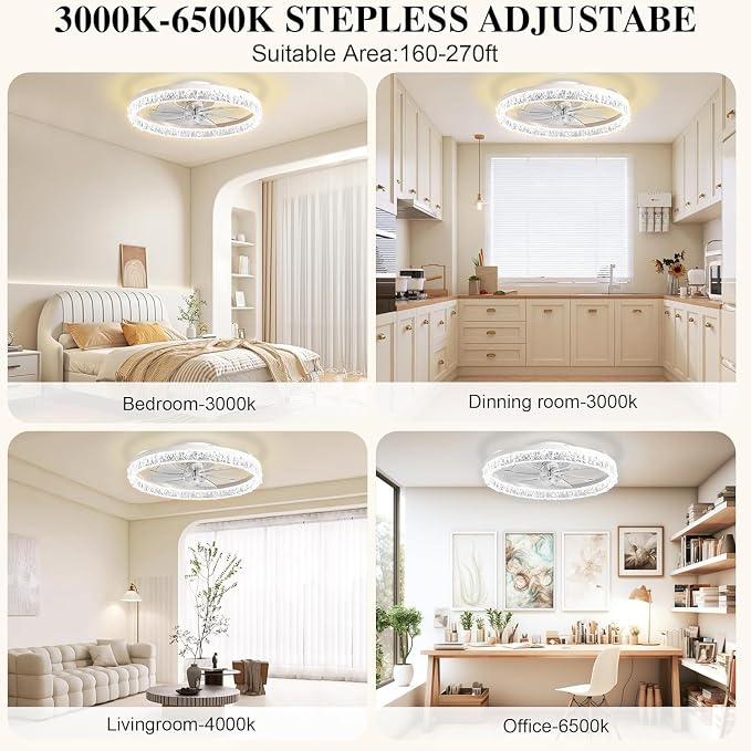 Ceiling Fans with Lights and Remote Fandelier - 20" Flush Mount Low Profile Modern Ceiling Fans for Bedroom - Stepless Color Temperature and 6 Speeds, White Irregular Crystal