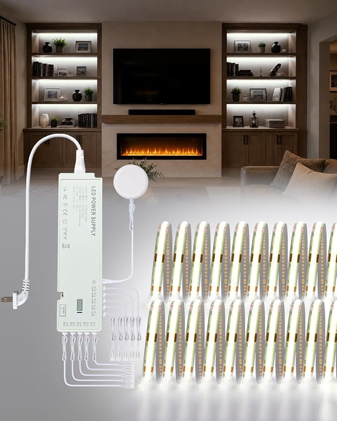 JUSJUBR Display Cabinet Lights, 32.8ft 24V Dimmable Cuttable COB LED Strip Lights, Cold White 6000K, Under Cabinet Lighting for Shelves, Bookshelves, Display Cases, Cabinets, Kitchens and Closets