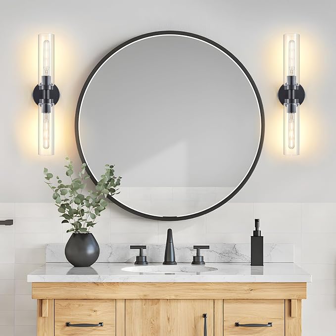 Lanhall 2-Light Black Bathroom Light Fixtures Over Mirror Modern Farmhouse Vanity Light Wall Lighting with Clear Glass Shade for Bathroom, Bedroom, Hallway, Cabinet