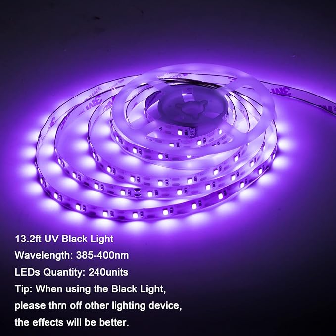 Black Light LED Strip Lights, 26.4ft/13.2ft SMD2835 240 LEDs uv Light Strip Flexible Blacklight Fixtures Black Lights for Glow Party Bar Bedroom TV Halloween Decorations, Non-Waterproof, 2 Pack