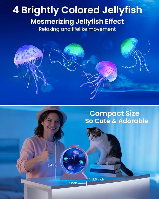 Jellyfish Lamp for Sleep Anxiety Calming Night Light for Bedroom(Pink) | Whisper-Quiet Sensory | 7 Soft Color Modes | Adjustable Water Flow | 8H Auto-Off Timer | Rounded Tank Lamp Gift for All Ages