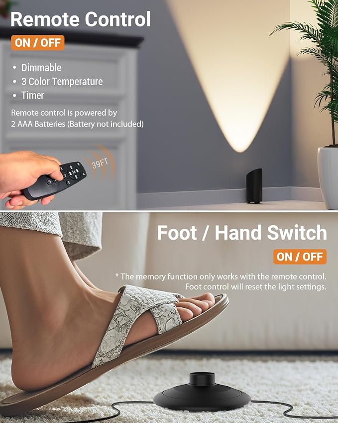 2 Pack Uplighting Indoor, LED Floor Can Lights with Remote and Timer, 3 Color Temps Dimmable Spotlight for Corner Sofa Plant Home Accent Lighting, 5.9 FT Plug Cord & Foot Switch, Black