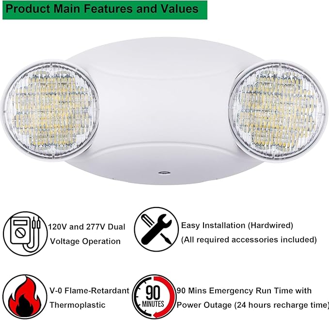 LIT-PaTH LED Emergency Lighting Fixtures with 2 LED Bug Eye Heads and Back Up Batteries- US Standard Exit Light, UL 924 and CEC Qualified, 120/277 Voltage, White, 1-Pack