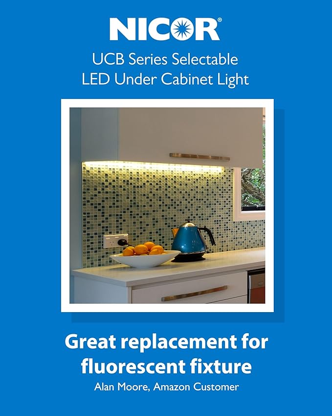 12” LED Direct Wire Under Cabinet Light - Dimmable Undercounter LED Lights for Kitchen - Selectable CCT 2700K-5000K, 340-360 Lumens, 5W - UCB Series Hardwired Under Cabinet Lighting by NICOR Lighting