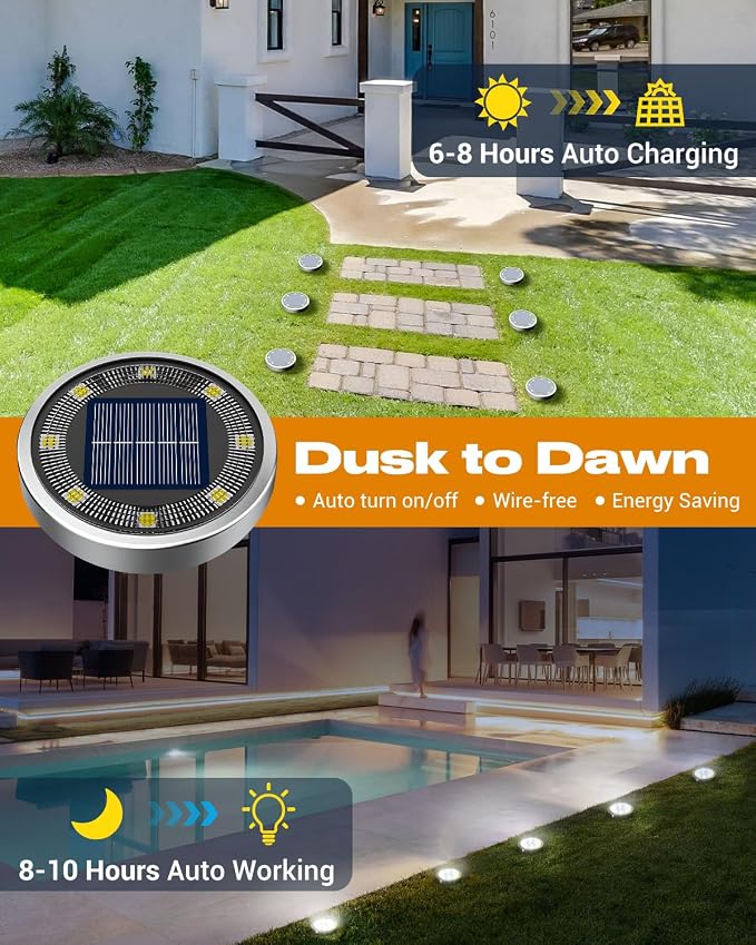 btfarm 30 Pack Solar Lights Outdoor Waterproof, 8 LED Solar Ground Lights | Stainless Steel, Easy-to-Install Flat Solar Disc Lights, Pathway Lights for Garden Lawn Patio Yard Path Landscape, Cool White