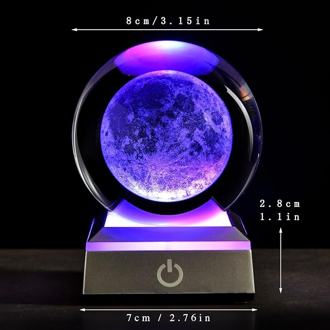 3D Moon Crystal Ball with LED Stand, Moon Figurine Decor Glass Sphere Lamp Night Light Gifts for Women Men Mom Kids