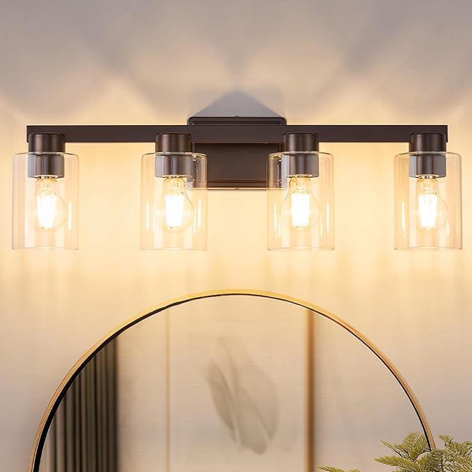 4-Light Bathroom Light Fixtures with Clear Glass, Oil Rubbed Bronze | Vanity Lights, Modern Wall Sconces, Over Mirror for Bathroom, Powder Room, Living Room