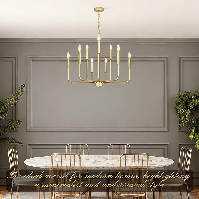 Gold Chandeliers for Dining Room Light Fixture Over Table, Modern Farmhouse Chandeliers for Living Room,9-Lights Industrial Metal Candle Lighting Fixtures for Entryway Kitchen Island Foyer