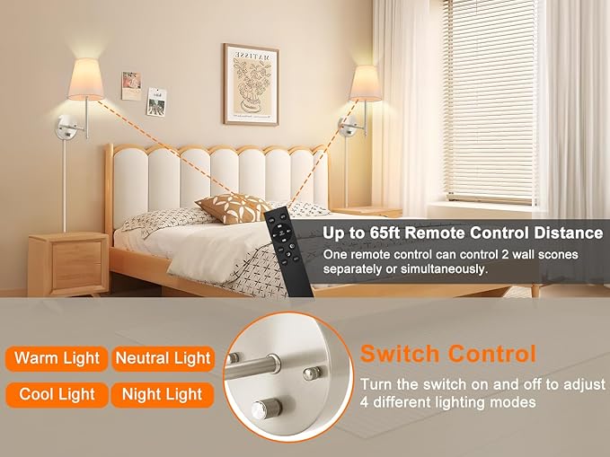 Wall Sconces Set of Two with Remote Control, Dimmable, Adjustable Colors 2700-6500K, Plug in Wall Sconces with White Fabric Shades, Plug in Wall Light, Brushed Nickel