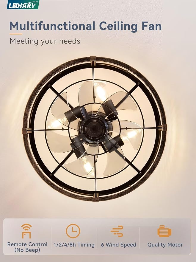 LEDIARY 18 inch Caged Fandelier Ceiling Fan Light with Remote, Black Gold | 6 Speed Adjustable,Timing, Quiet & Powerful DC, Small, Farmhouse, Industrial, Enclosed, Bladeless, Bedroom, Kitchen, Downrod