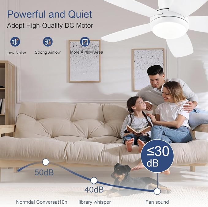 KNUN 42 Inch Ceiling Fan with Light and Remote/App Control, Low Profile Ceiling Fans with Lights,Flush Mount, Double-sided Blades, 3CCT, Dimmable, Noiseless, white Ceiling Fan for Indoor/Outdoor Use