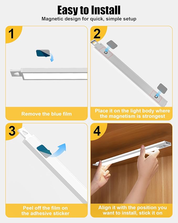 Under Cabinet Motion Sensor Lighting - 8 Inch Wireless Under Cabinet Lighting, Rechargeable with Magnetic Mount, 5CCT Adjustable for Kitchen/Hallway (White, 2-Pack)