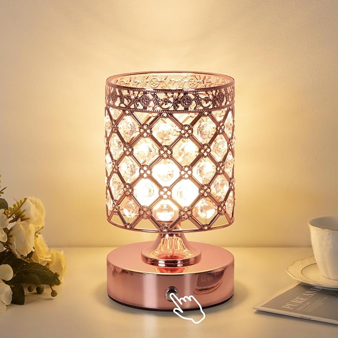 Rose Gold Crystal Rechargeable Cordless Table Lamp, Touch Small Desk Lamp | 6000mAh Battery, 3 Color Temps, Stepless Dimming, USB Charging, Portable Wireless Night Light for Bar Bedroom Living Room
