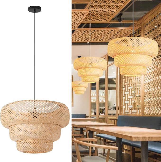 18.5" Bamboo Pendant Light,Rattan Chadelier | Hand-Woven Bamboo Rattan Chandelier Shade for Dining Living Bedroom Kitchen Farmhouse 1-Pack