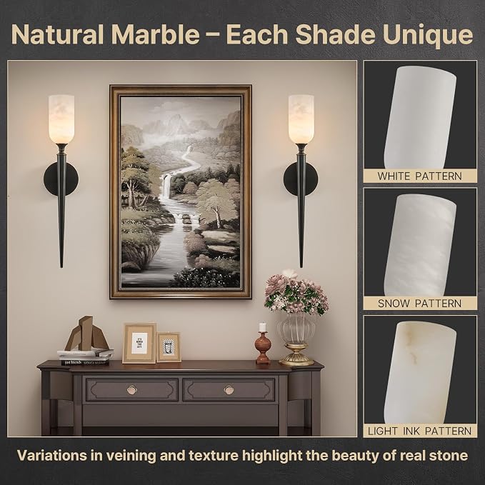 21.6" Alabaster Wall Sconce, Antique Oil Rubbed Bronze Black Brass | Natural Spanish Alabaster, Handcrafted Solid Brass, Refined Material Pairing, Unique Marble Veining, Classic Vintage Style